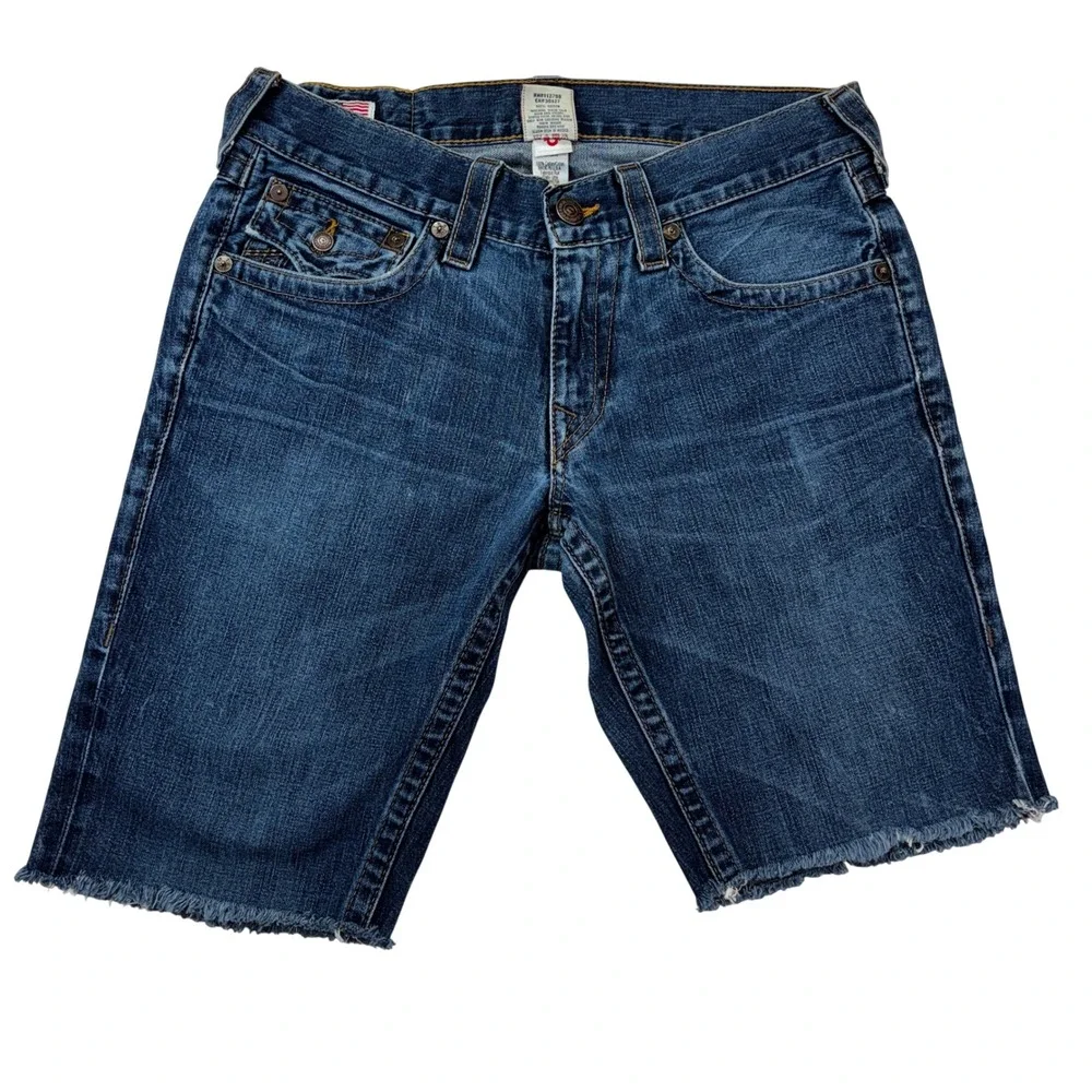 True Religion‎ Billy Denim Shorts Mens 32 Blue Made in USA Raw Hem Horseshoe